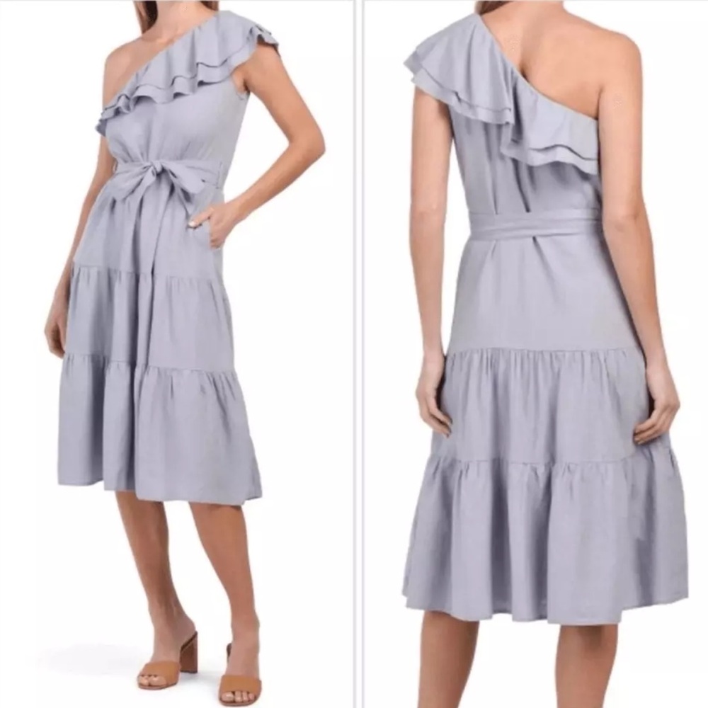 Nicole Miller Asymmetrical One‎ Shoulder Linen Tiered Midi Dress size XS